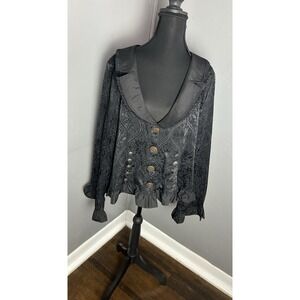 Fun House Women's Black Floral Ruffle Ribbon Silver Snap Buttons Jacket Top XL